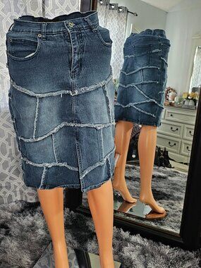 Lazer Jeans Patchwork Low‑Rise Midi Skirt – Size S – Y2K Britney/Shakira Era